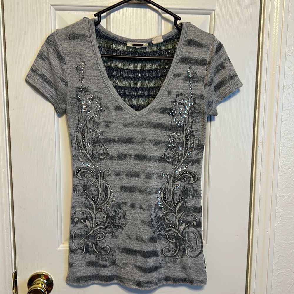 Miss Me grey short sleeved shirt with jeweled design